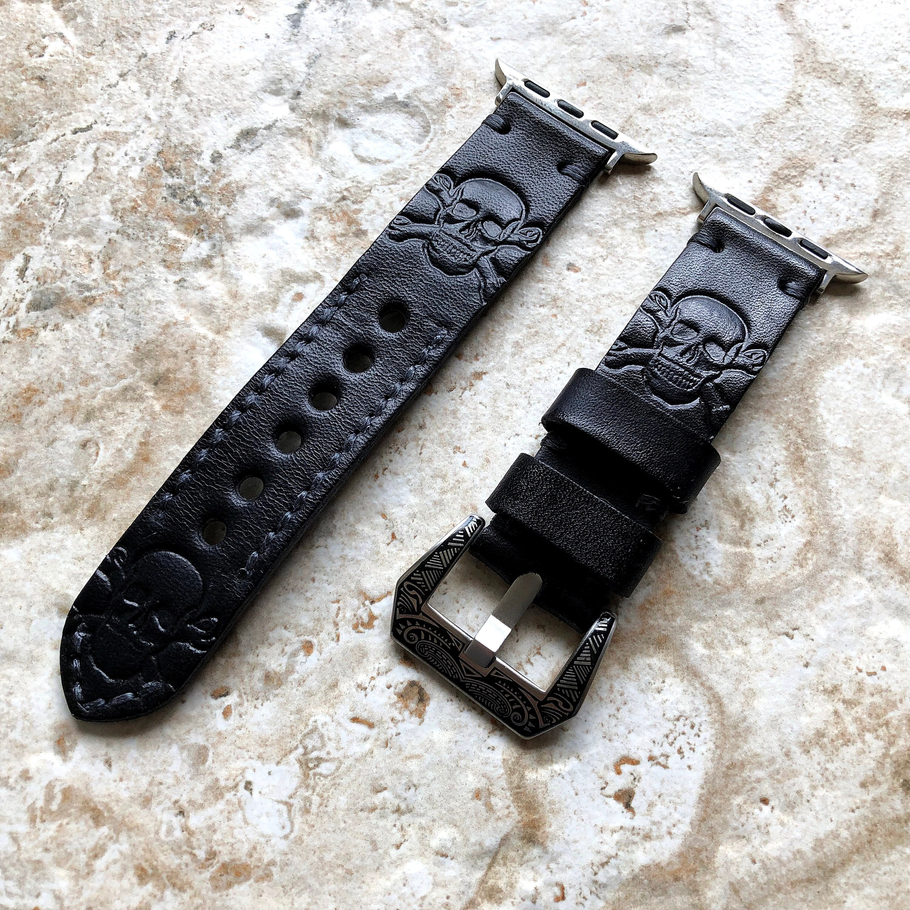 Apple Watch Skull X Bones Band Tooled Embossed Handmade Black Genuine Leather Strap for iWatch 38mm 40mm 41mm 42mm 44mm 45mm 49mm All Series
